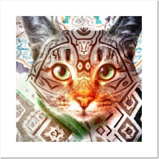 Bold Kitty Cat with a Batik Pattern Posters and Art